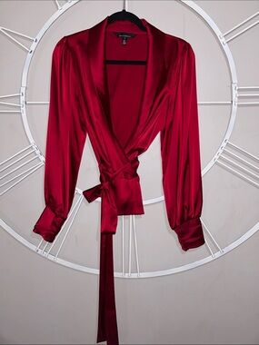 White House Black Market Red Satin Wrap Blouse